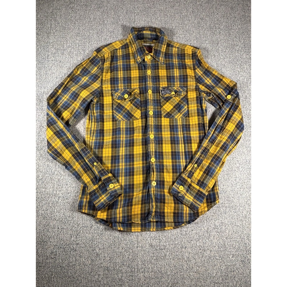 Superdry Lumberjack Mens L Yellow Blue Plaid‎ Long Sleeve Button Down Shirt